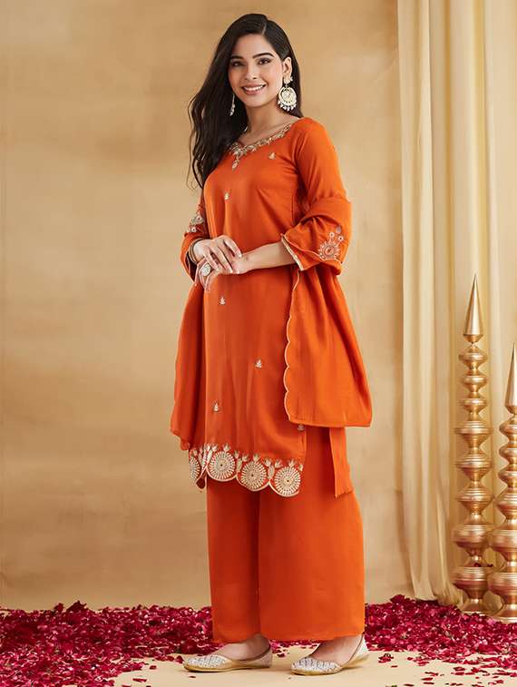 women embroidered three quarter sleeves kurta pant set with dupatta - 22579552 -  Standard Image - 2