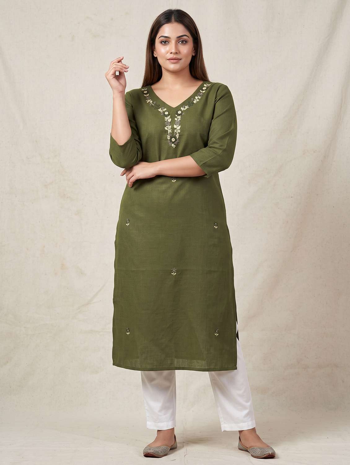 women embroidered three quarter sleeve straight kurta