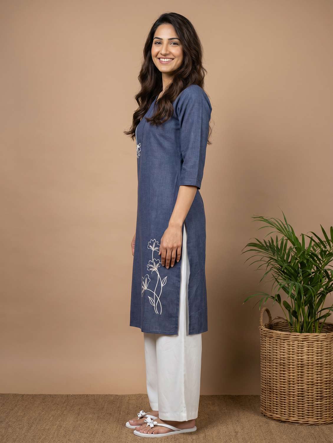 women embroidered three quarter sleeve straight kurta - 22579572 -  Standard Image - 2