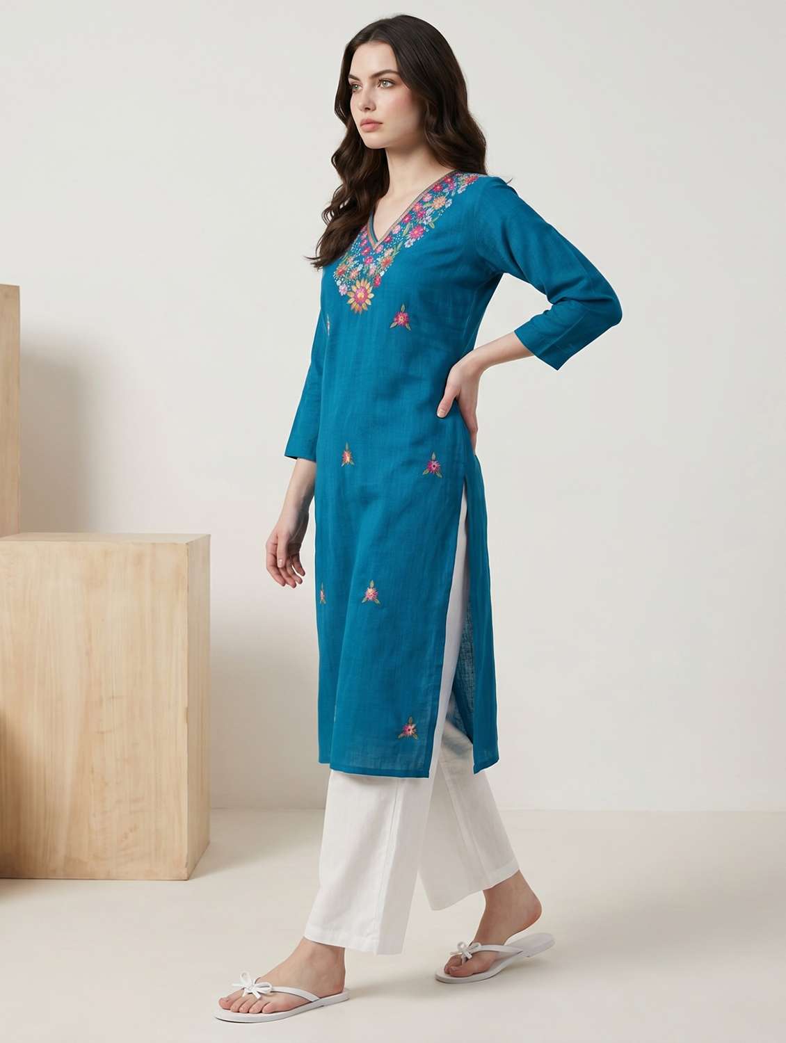 women embroidered three quarter sleeve straight kurta - 22579580 -  Standard Image - 2