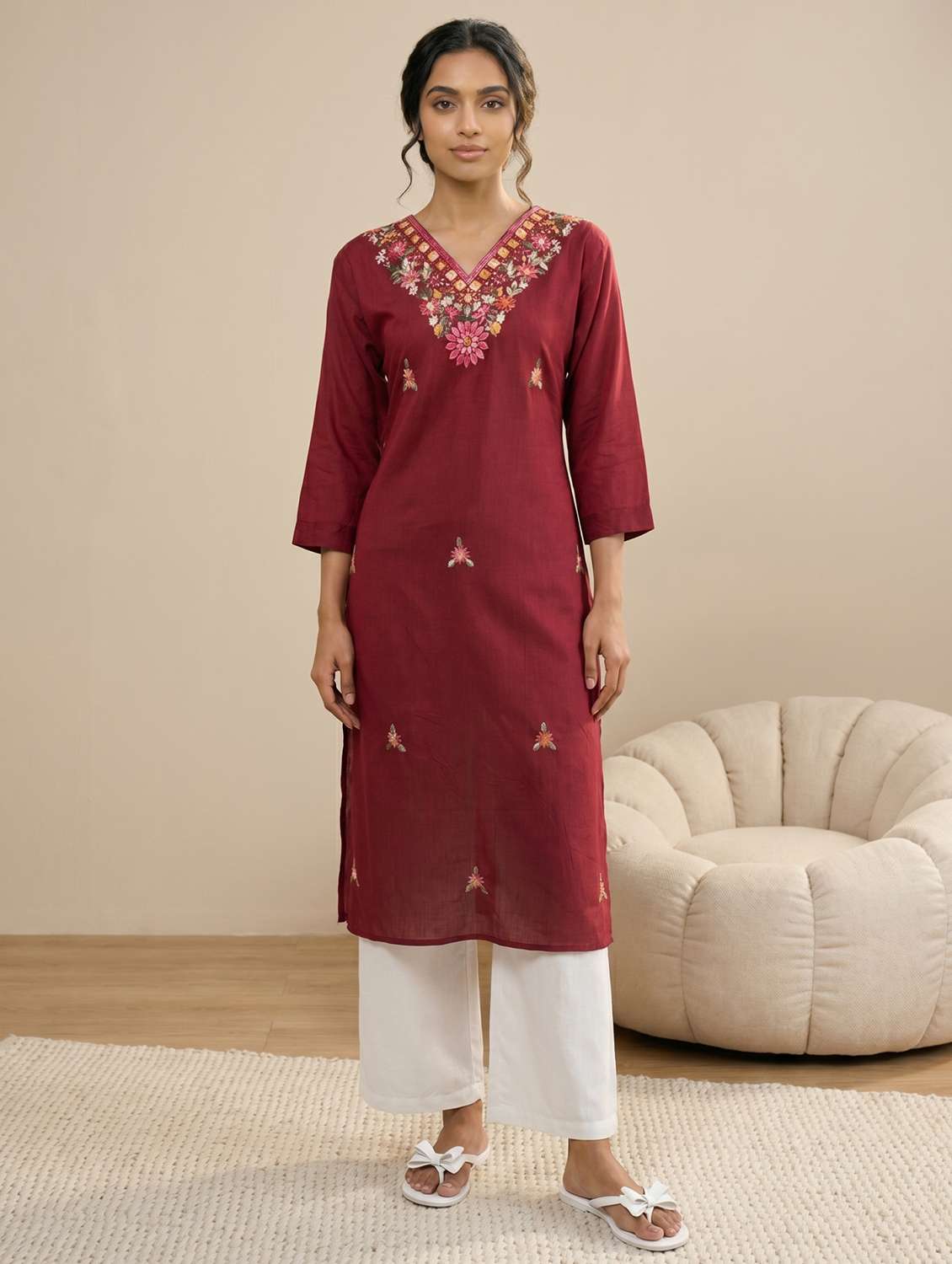 women embroidered three quarter sleeve straight kurta