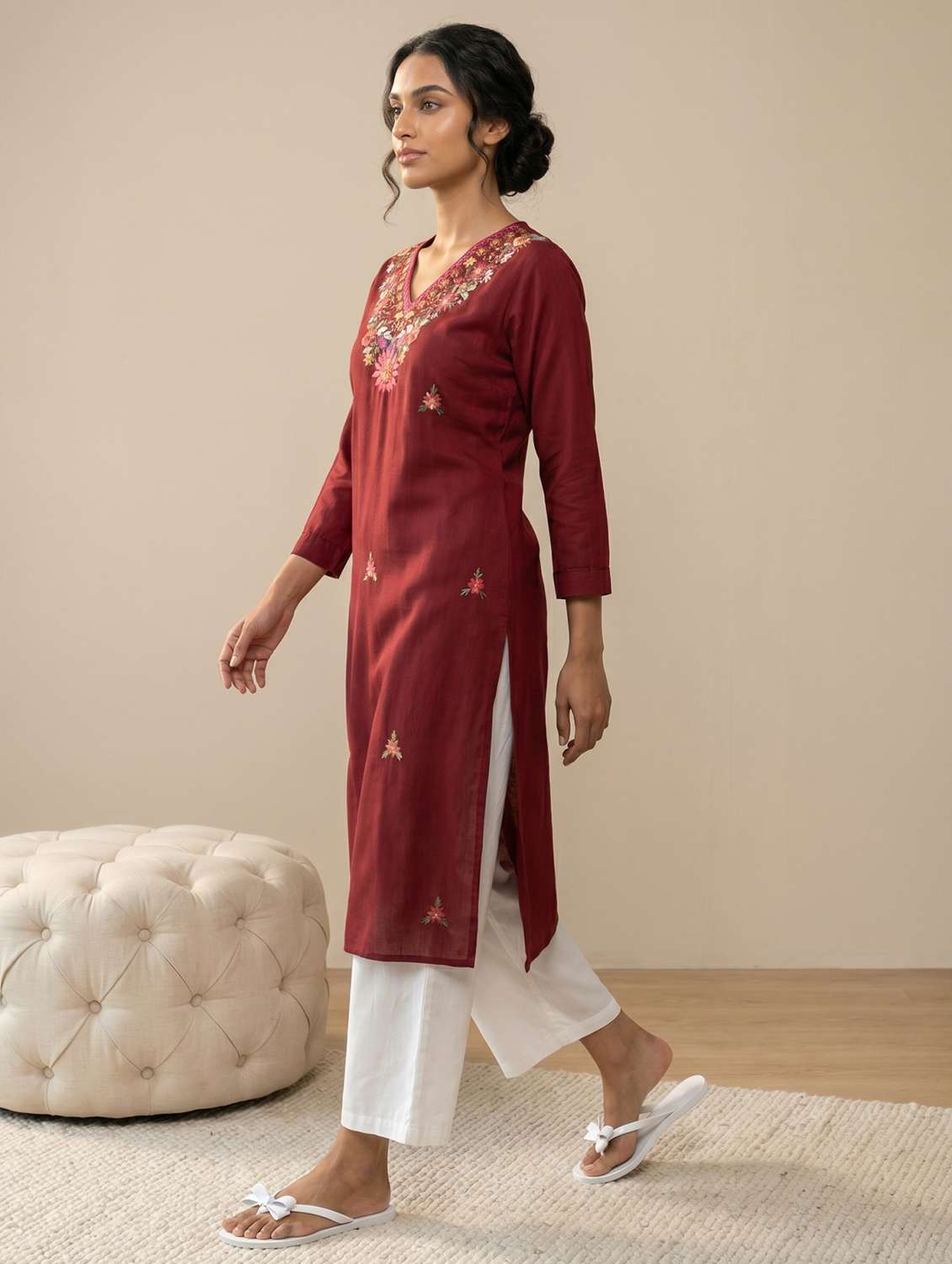 women embroidered three quarter sleeve straight kurta - 22579581 -  Standard Image - 2