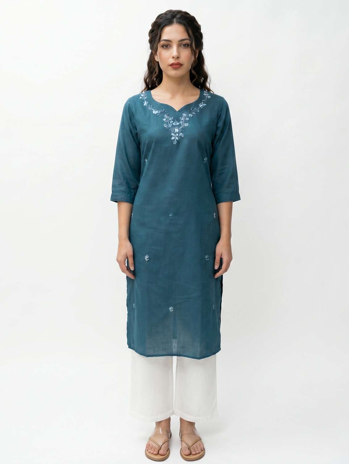 women embroidered three quarter sleeve straight kurta