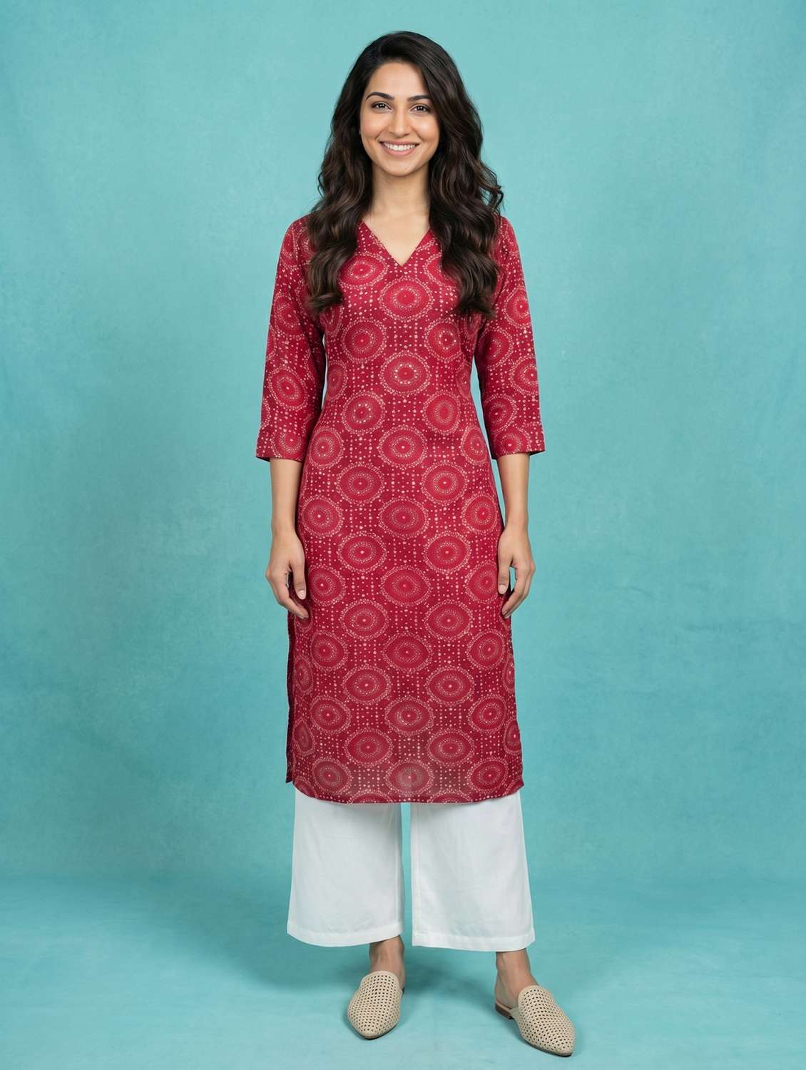 women bandhani three quarter sleeve straight kurta