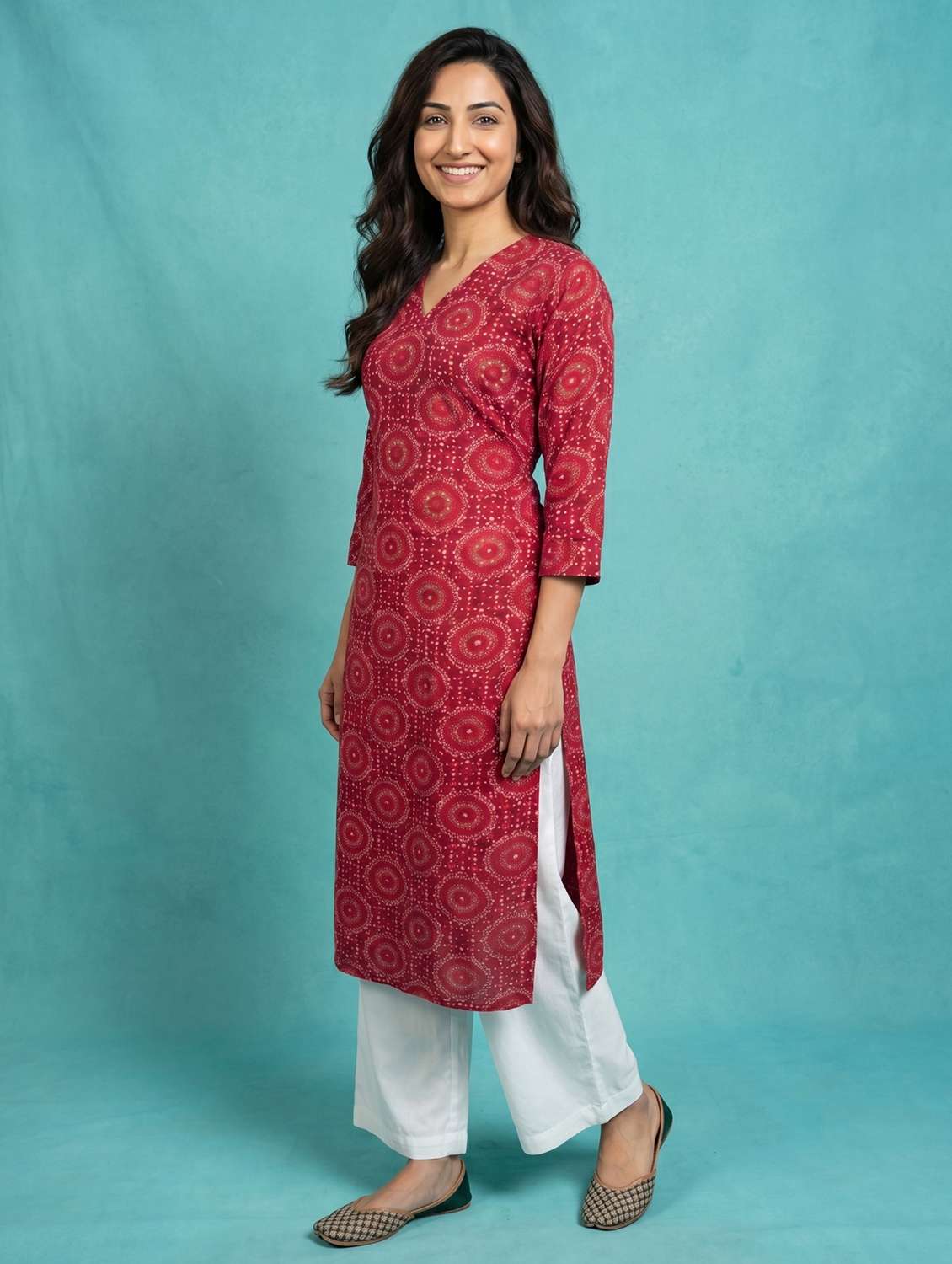 women bandhani three quarter sleeve straight kurta - 22579585 -  Standard Image - 2