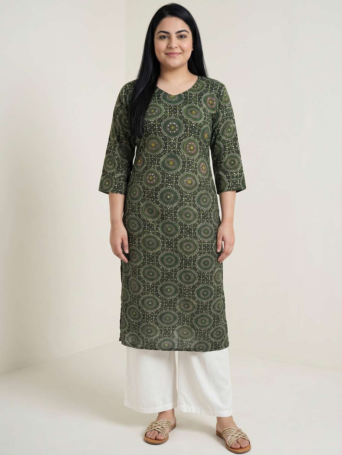women bandhani three quarter sleeve straight kurta