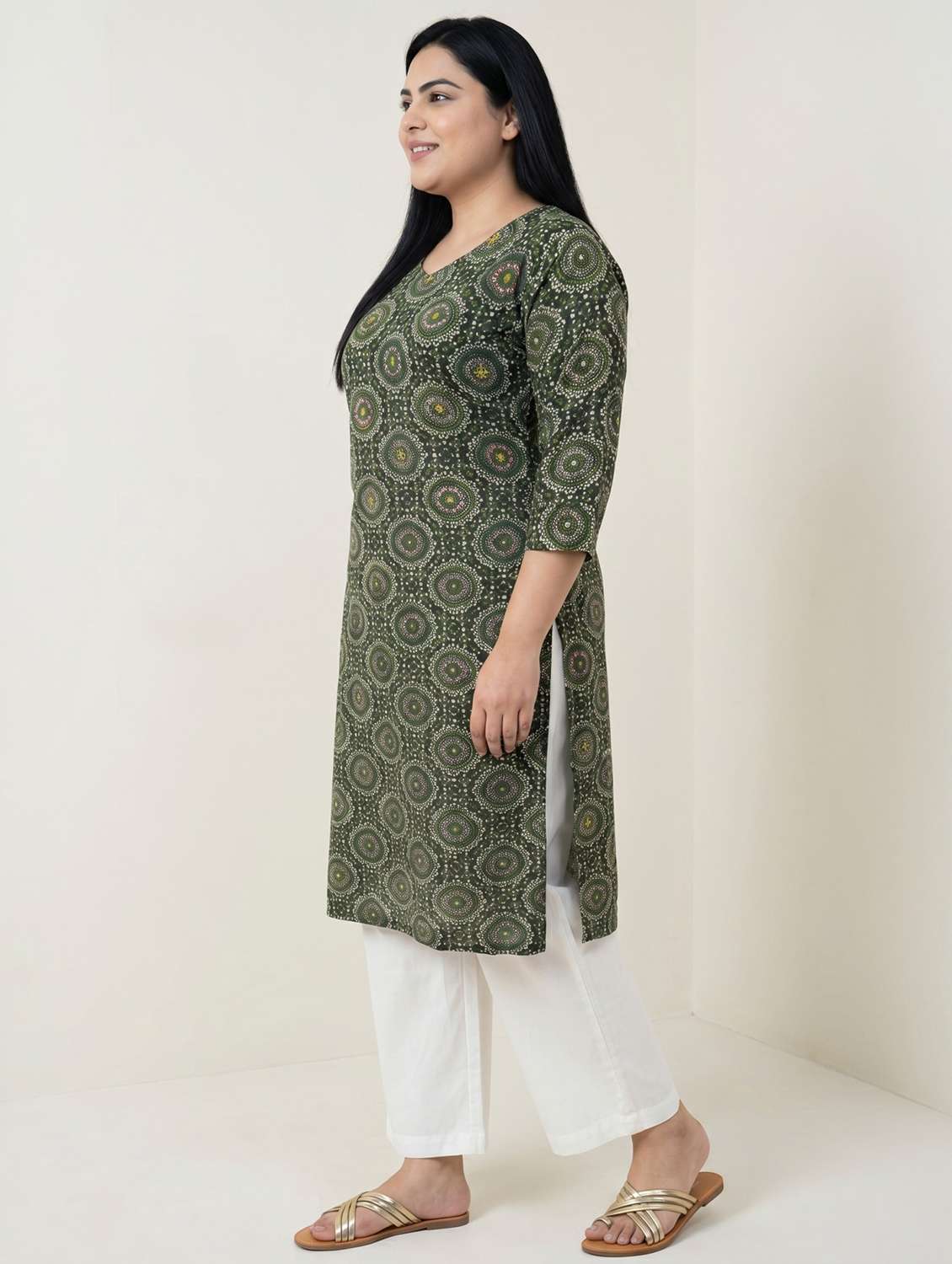 women bandhani three quarter sleeve straight kurta - 22579586 -  Standard Image - 2