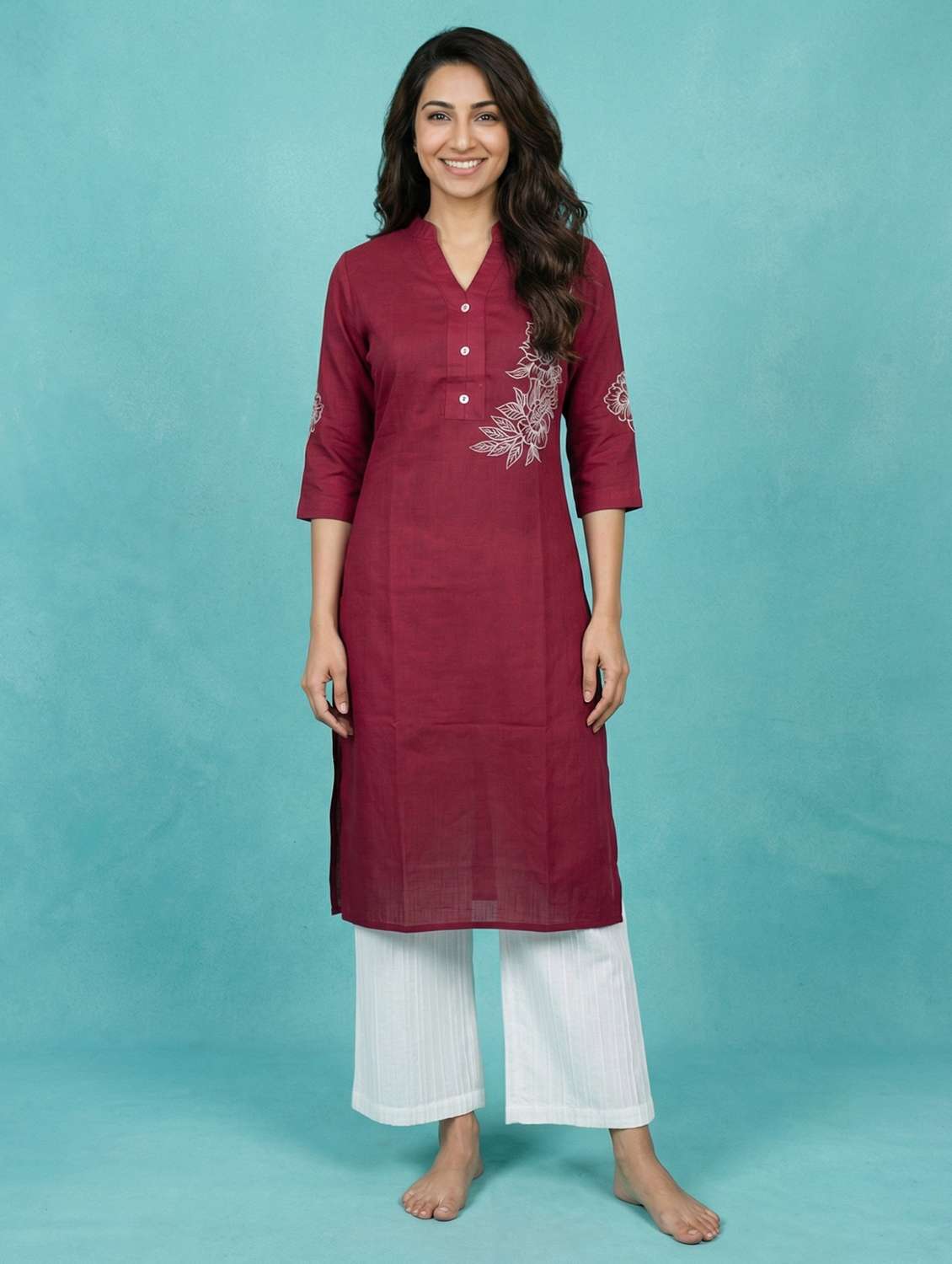 women embroidered three quarter sleeve straight kurta