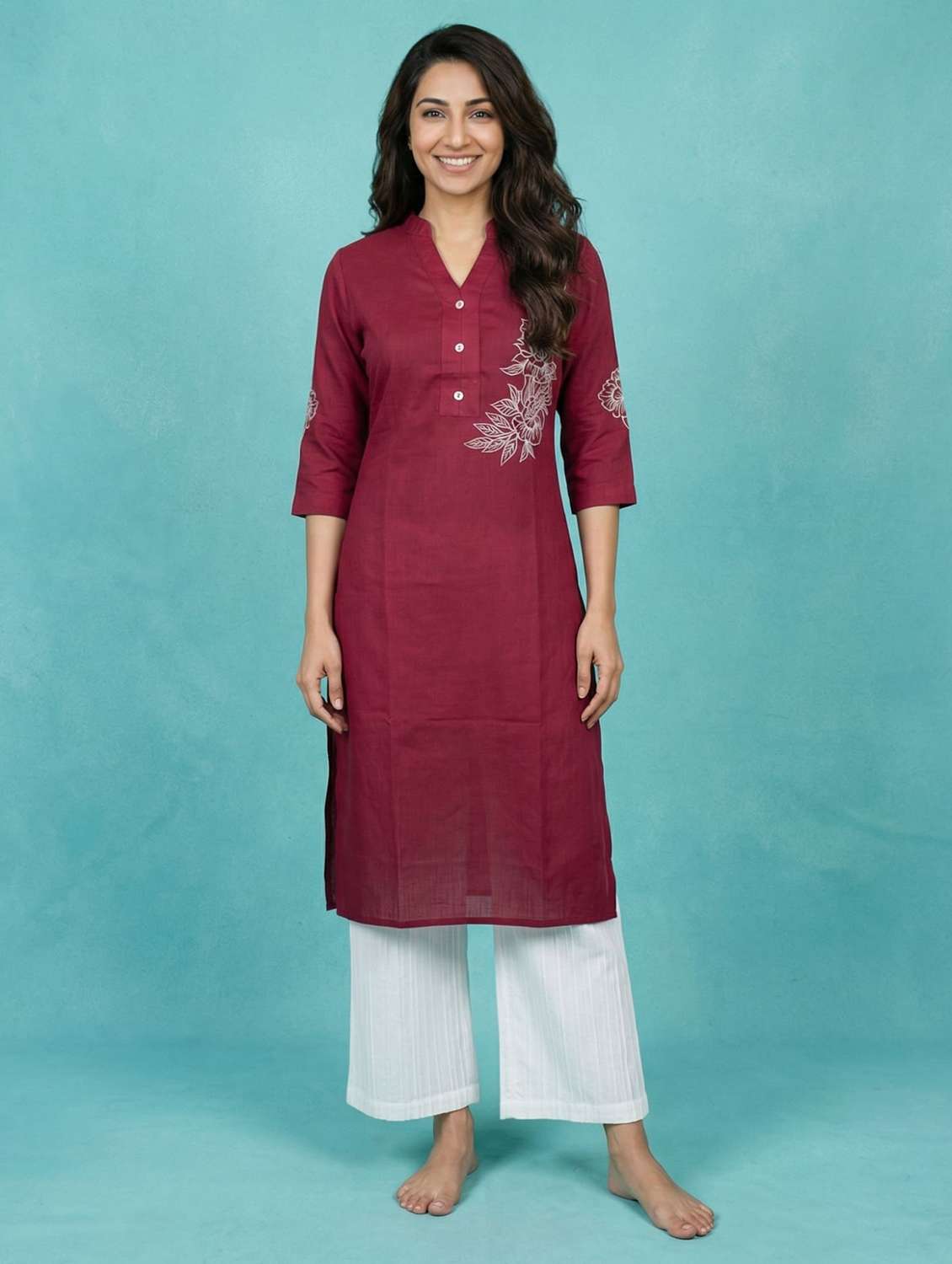 women embroidered three quarter sleeve straight kurta - 22579587 -  Standard Image - 2