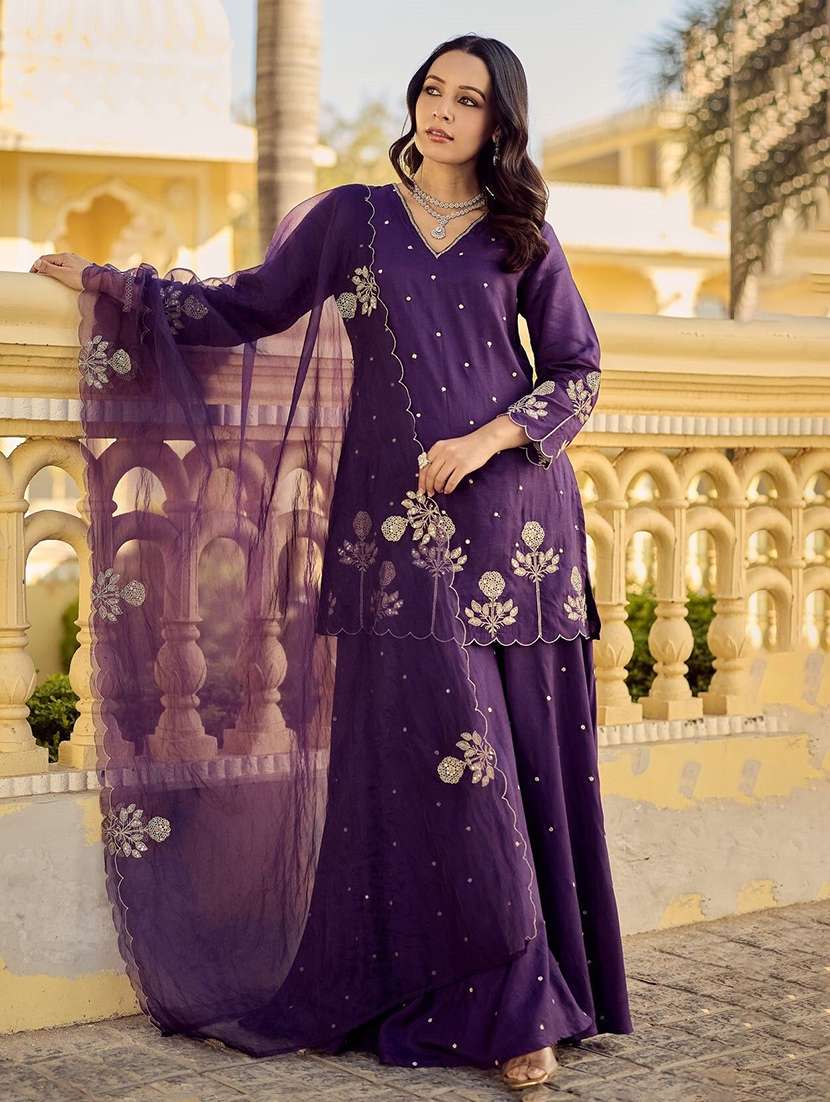 women embroidered three quarter sleeves kurta palazzo set with dupatta