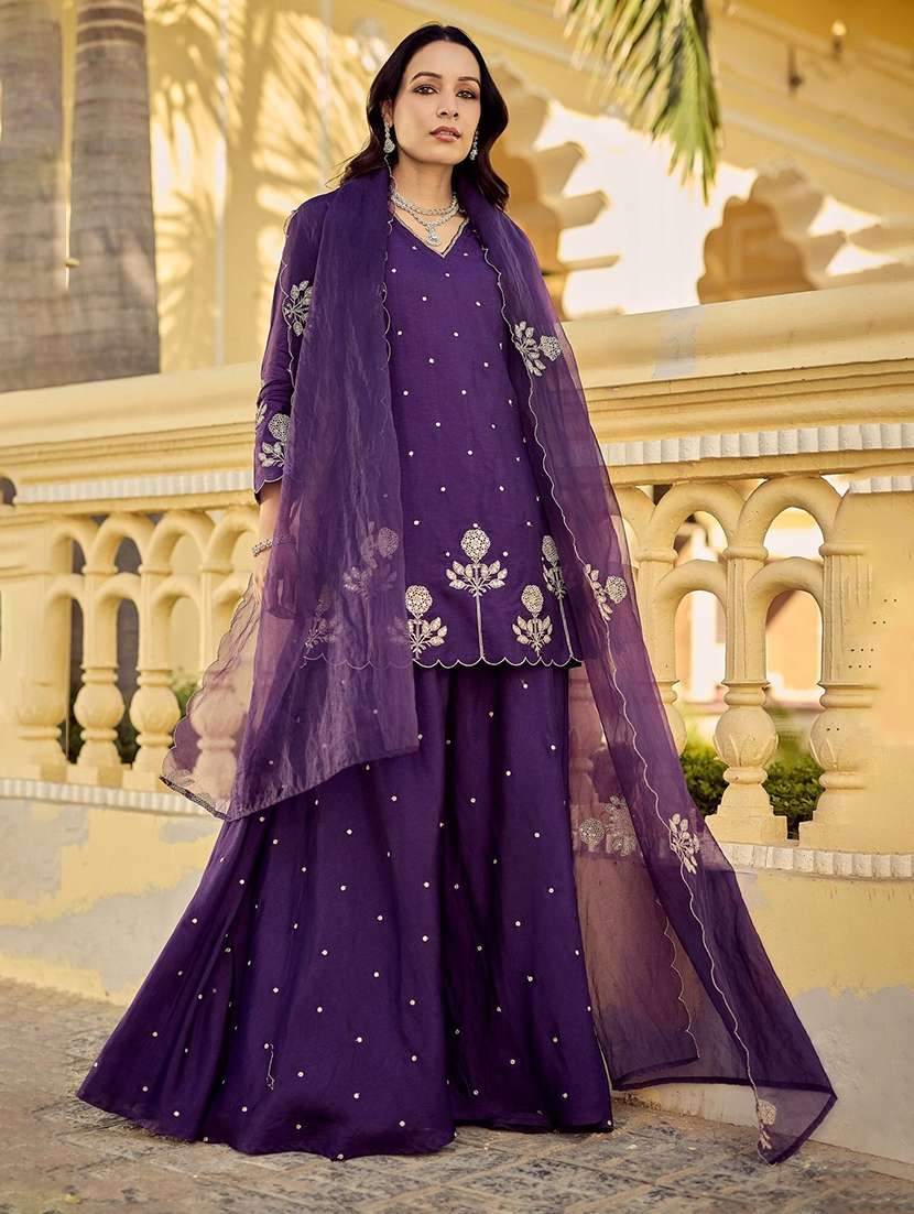 women embroidered three quarter sleeves kurta palazzo set with dupatta - 22579630 -  Standard Image - 2