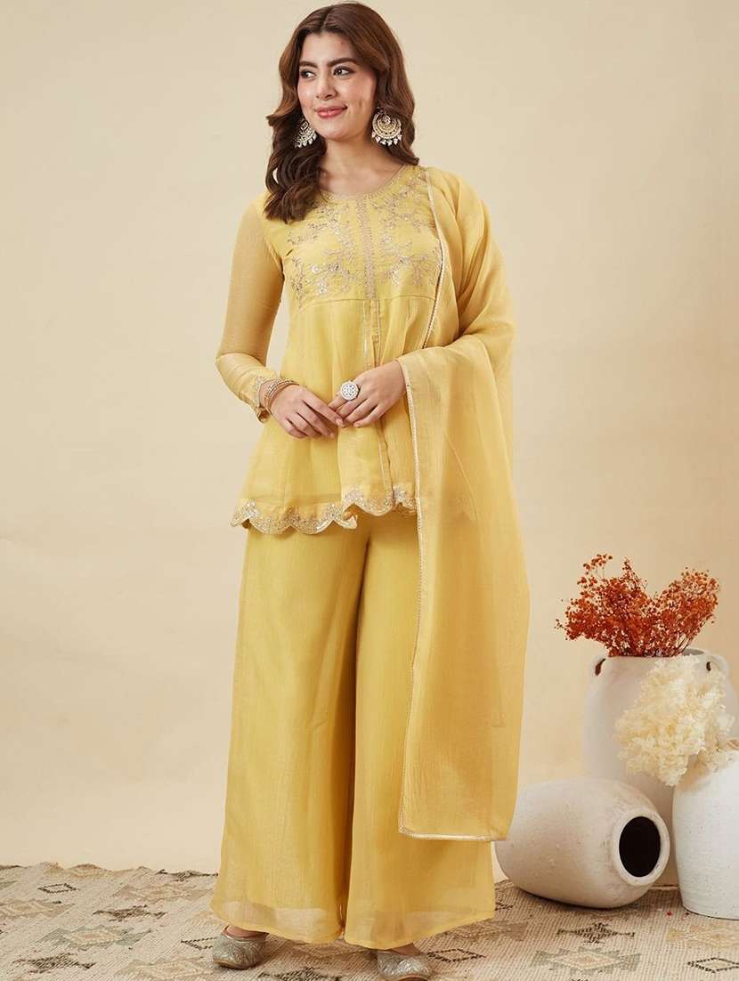 women embroidered long sleeves kurta palazzo set with dupatta