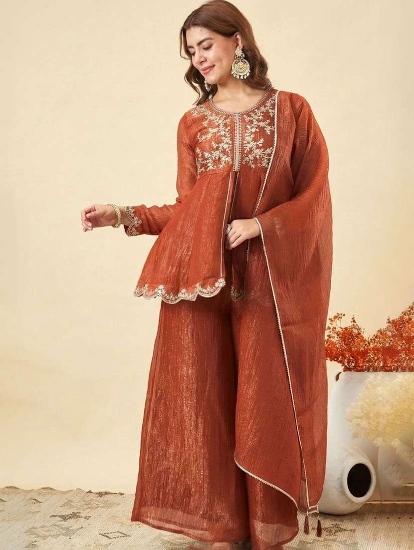 women embroidered long sleeves kurta palazzo set with dupatta - 22579650 -  Standard Image - 2