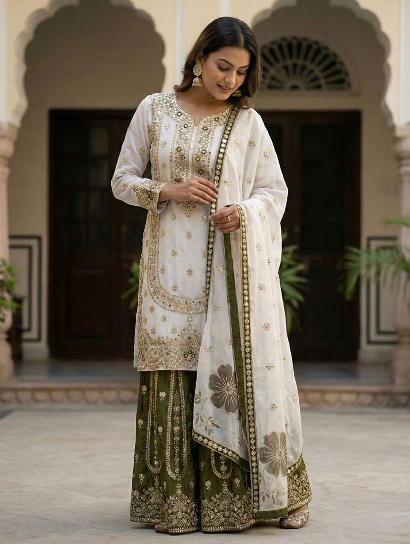 women embroidered long sleeves kurta sharara set with dupatta