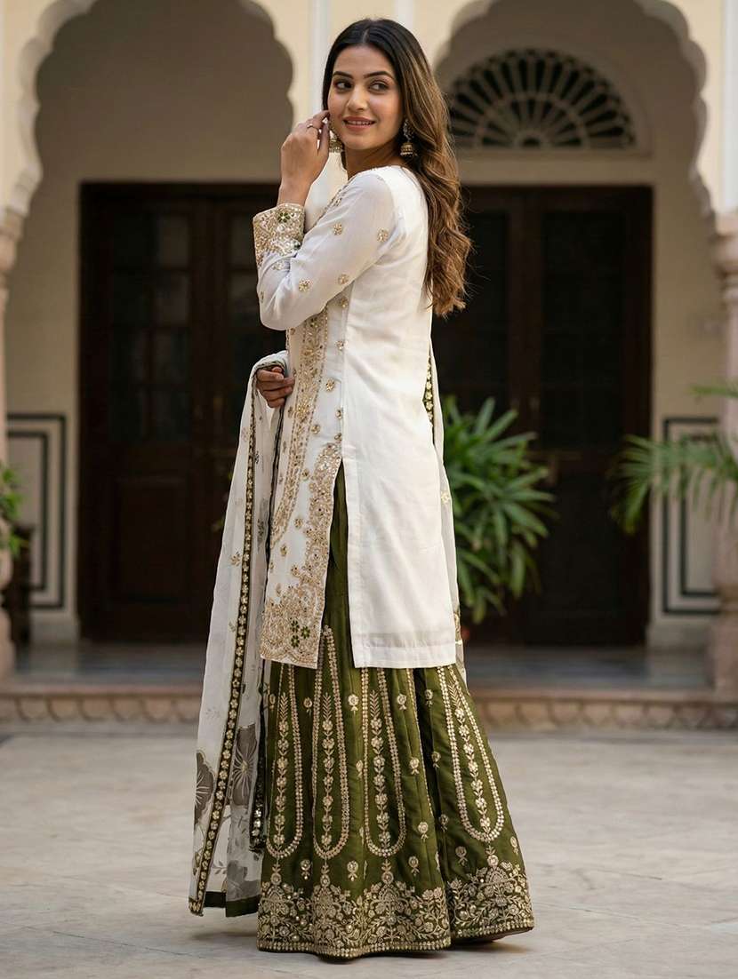 women embroidered long sleeves kurta sharara set with dupatta - 22579664 -  Standard Image - 2