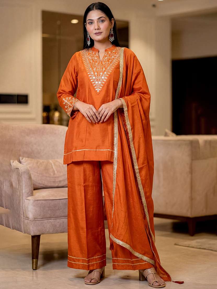 women embroidered three quarter sleeves kurta palazzo set with dupatta