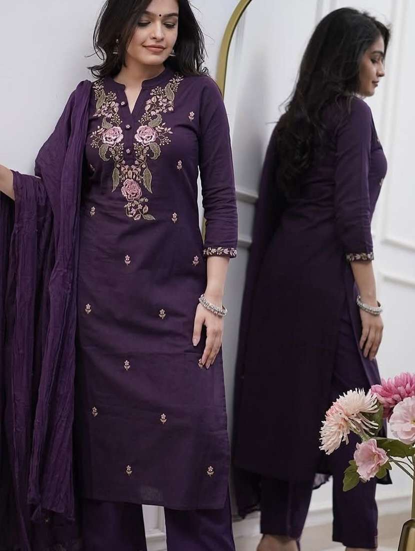women embroidered three quarter sleeves kurta pant set with dupatta - 22579681 -  Standard Image - 2