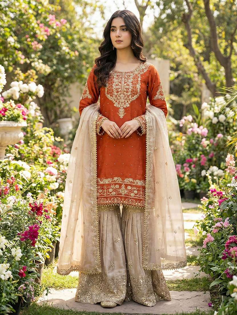 women embroidered long sleeves kurta sharara set with dupatta