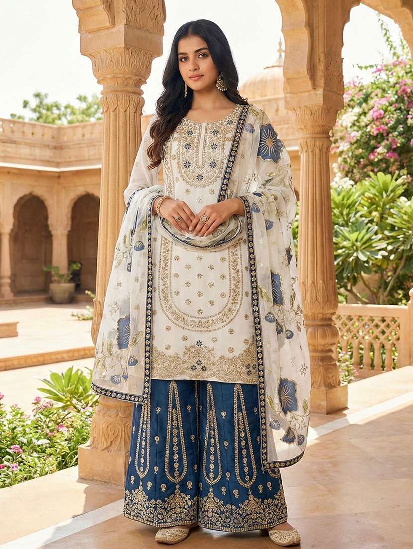 women embroidered three quarter sleeves kurta palazzo set with dupatta - 22579728 -  Standard Image - 2