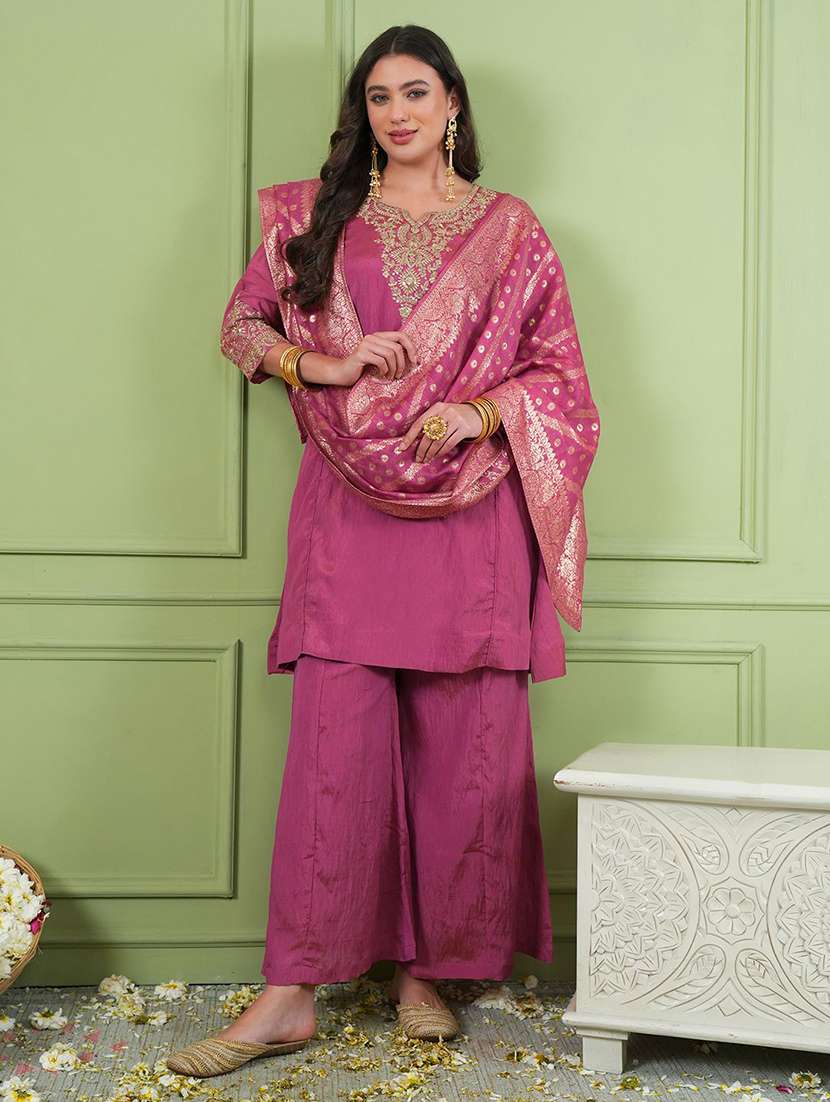 women embroidered three quarter sleeves kurta palazzo set with dupatta