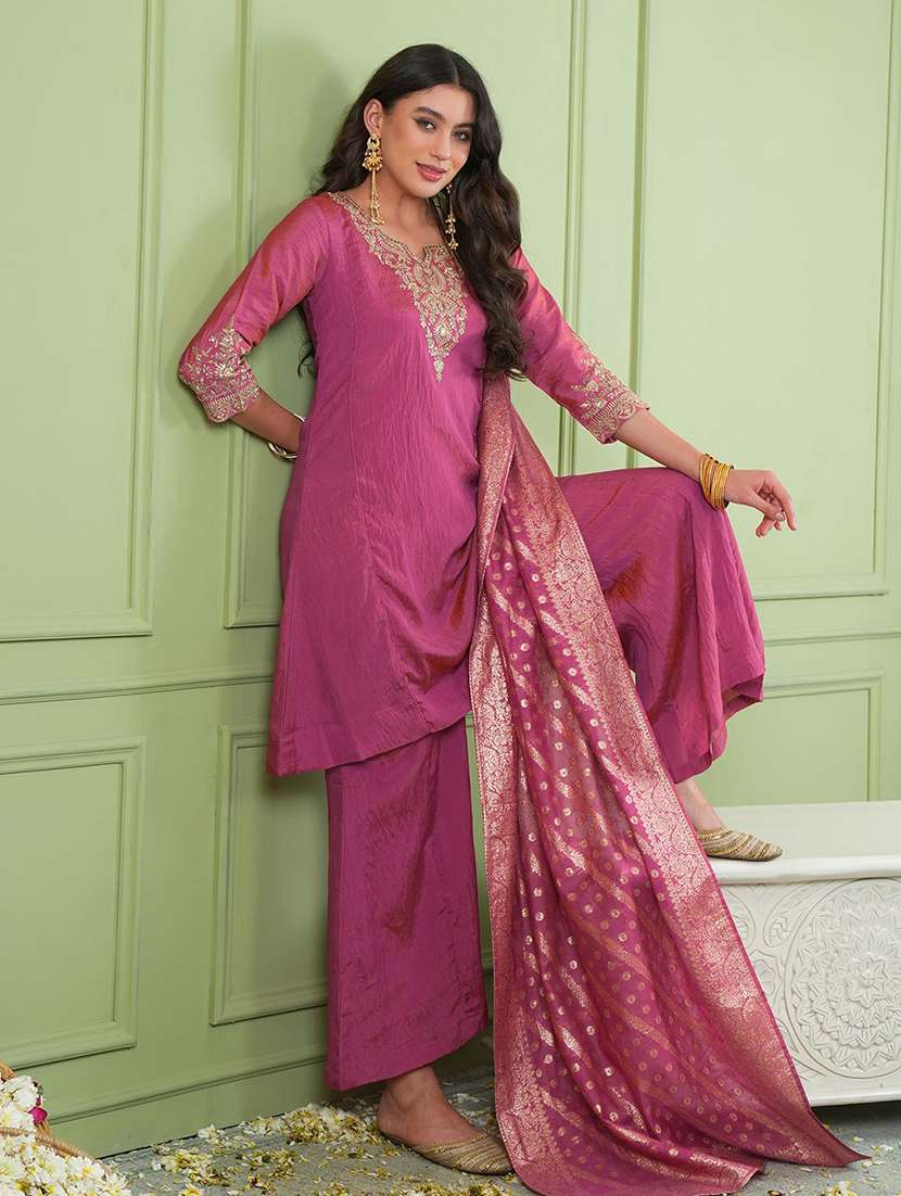 women embroidered three quarter sleeves kurta palazzo set with dupatta - 22579741 -  Standard Image - 2