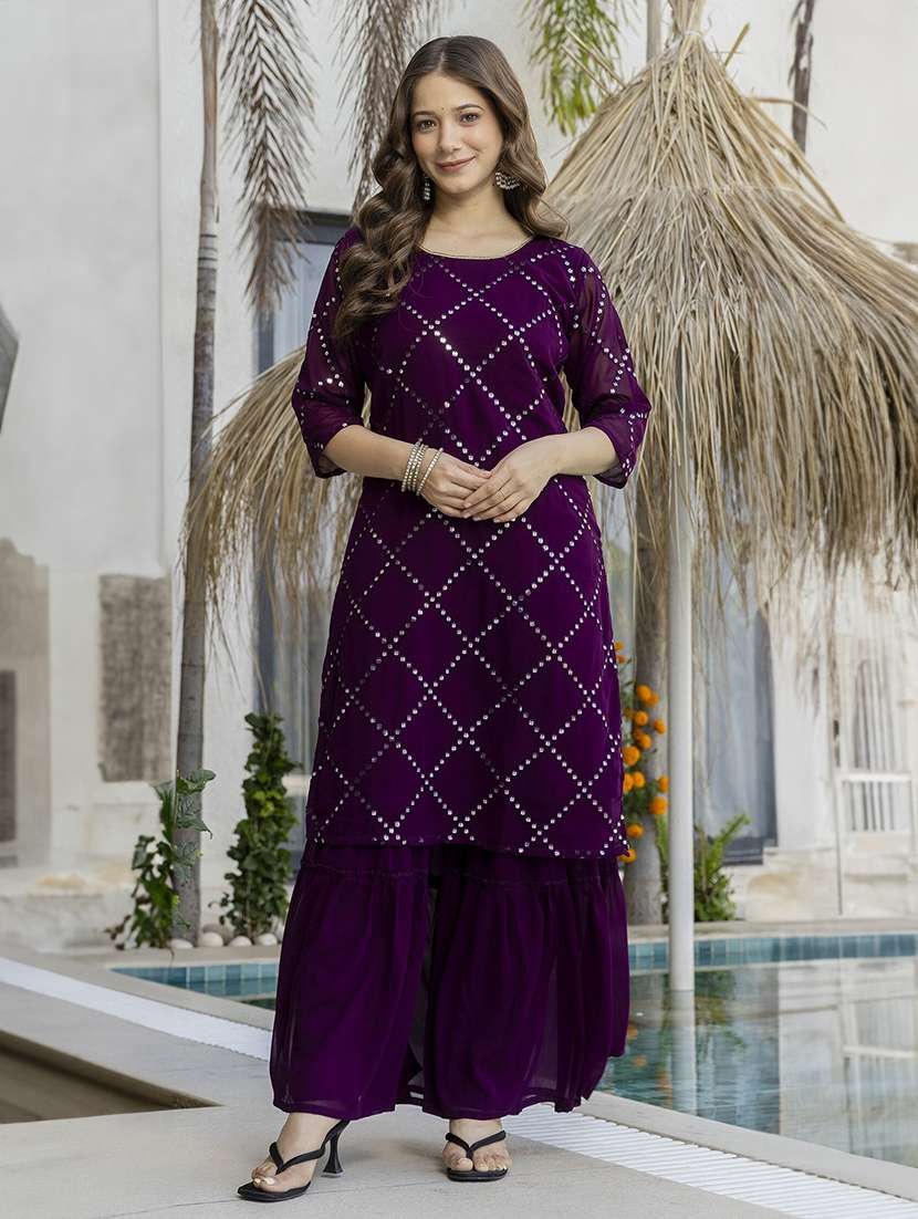 women embroidered three quarter sleeves kurta palazzo set with dupatta - 22579808 -  Standard Image - 2