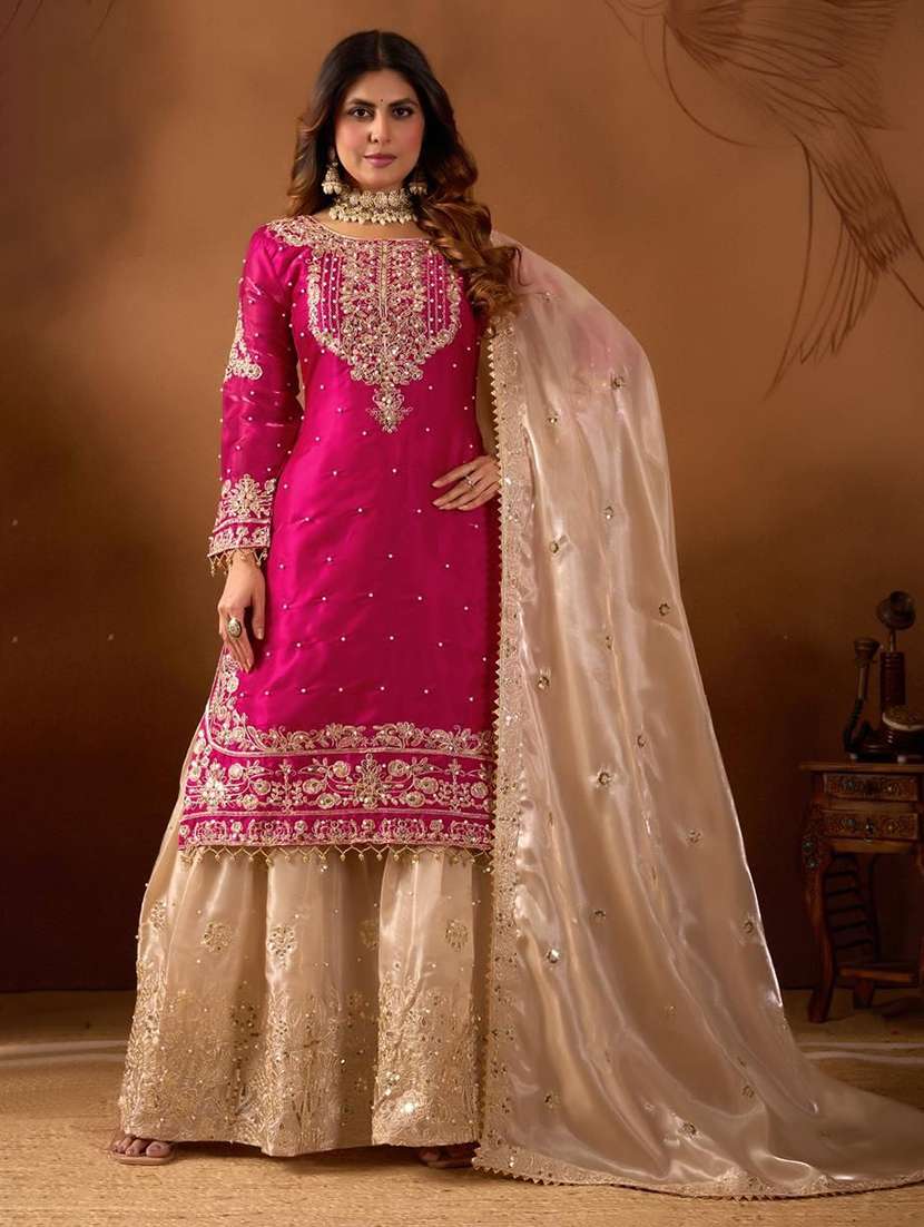 women embroidered long sleeves kurta sharara set with dupatta