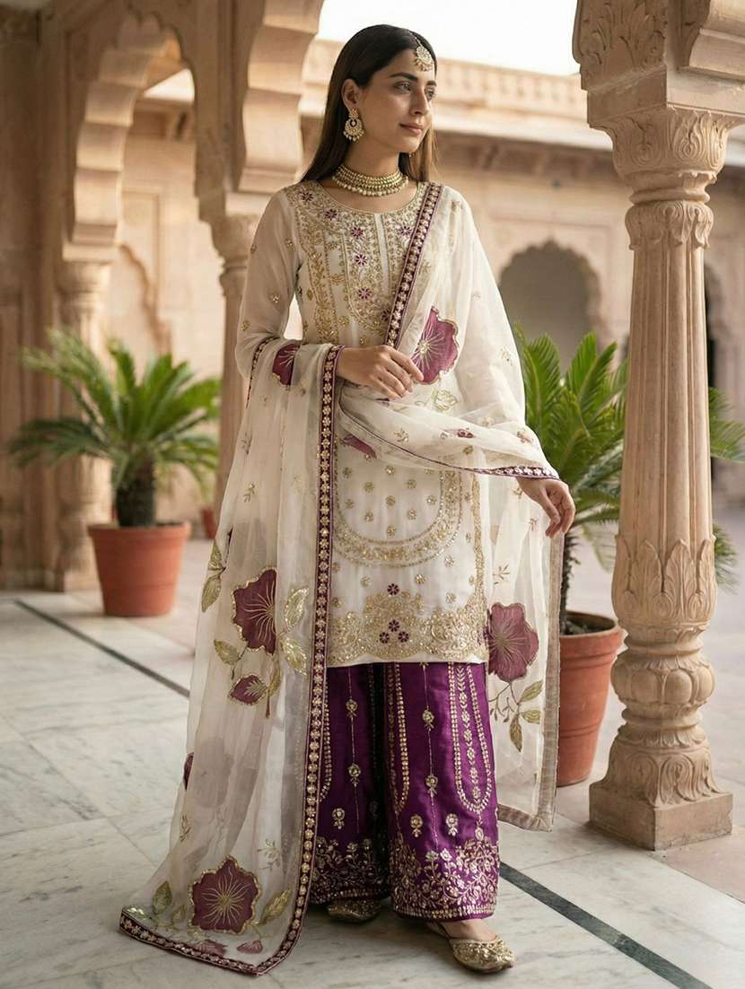 women embroidered three quarter sleeves kurta palazzo set with dupatta