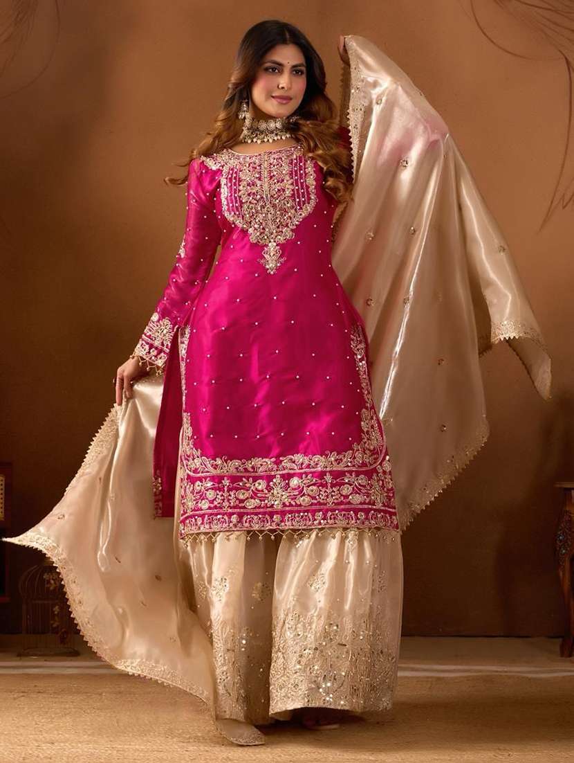 women embroidered long sleeves kurta sharara set with dupatta