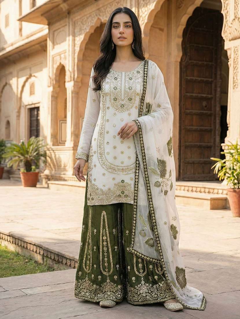 women embroidered long sleeves kurta palazzo set with dupatta
