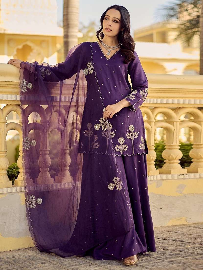 women embroidered three quarter sleeves kurta palazzo set with dupatta