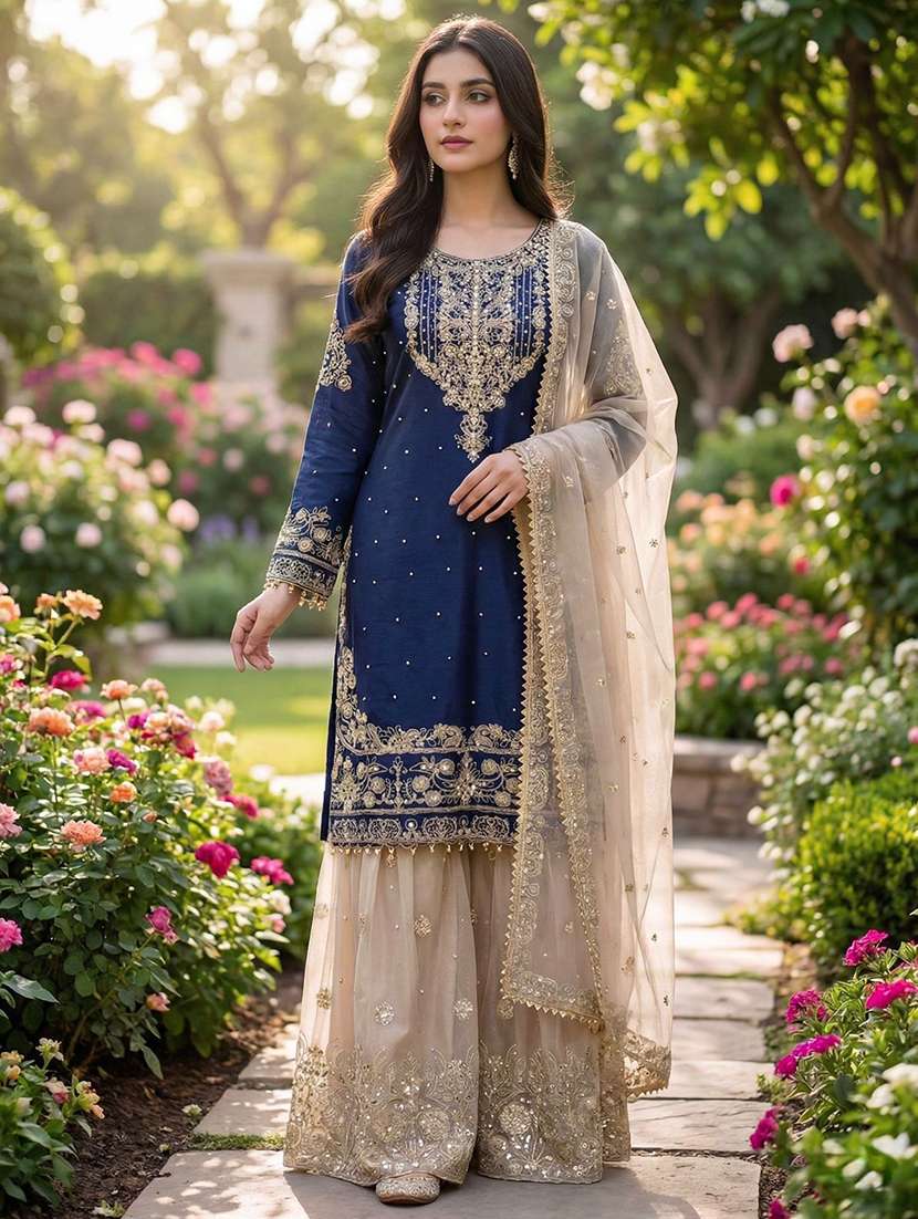 women embroidered long sleeves kurta sharara set with dupatta