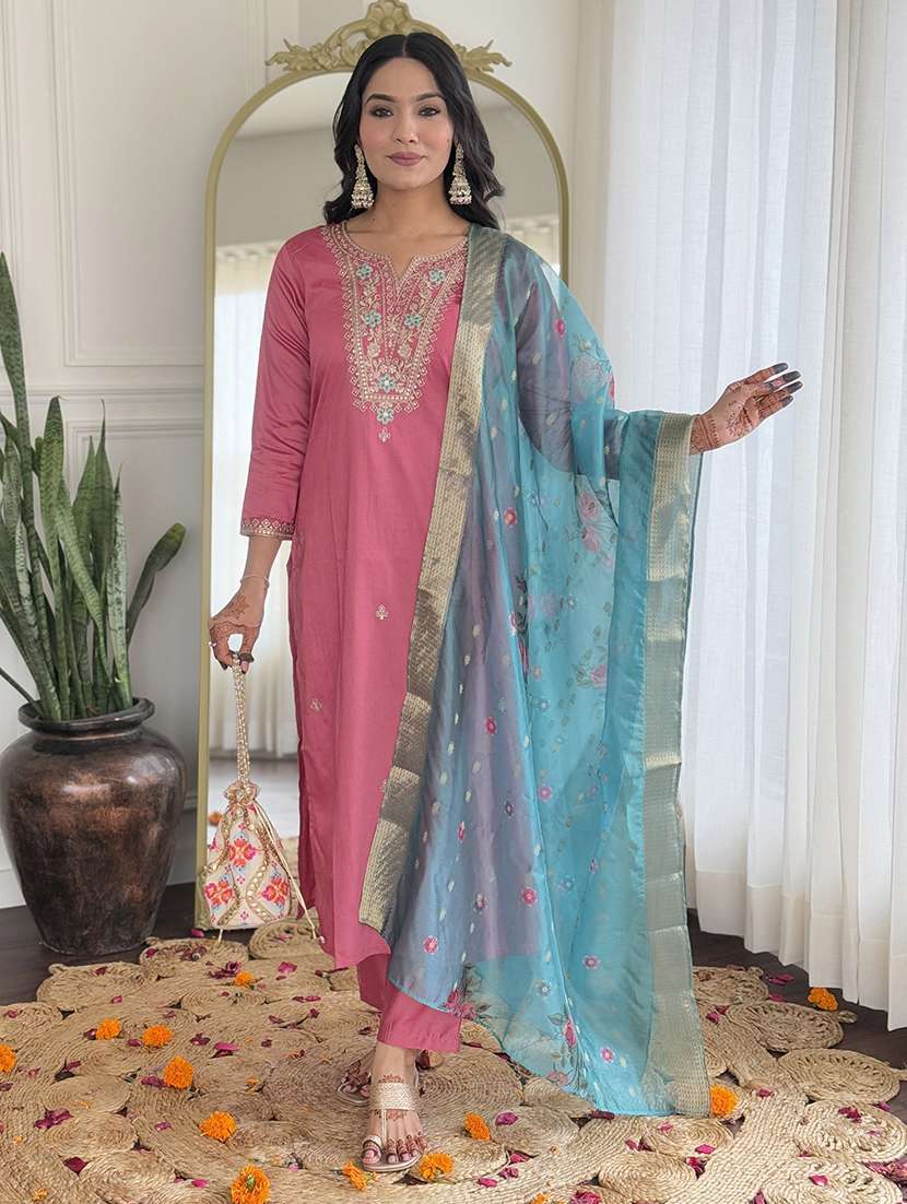 women embroidered three quarter sleeves kurta pant set with dupatta