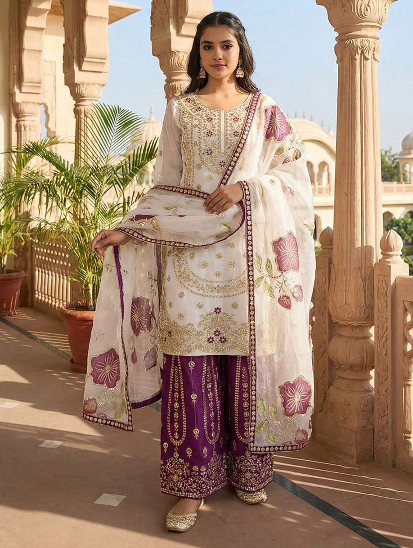 women embroidered long sleeves kurta palazzo set with dupatta
