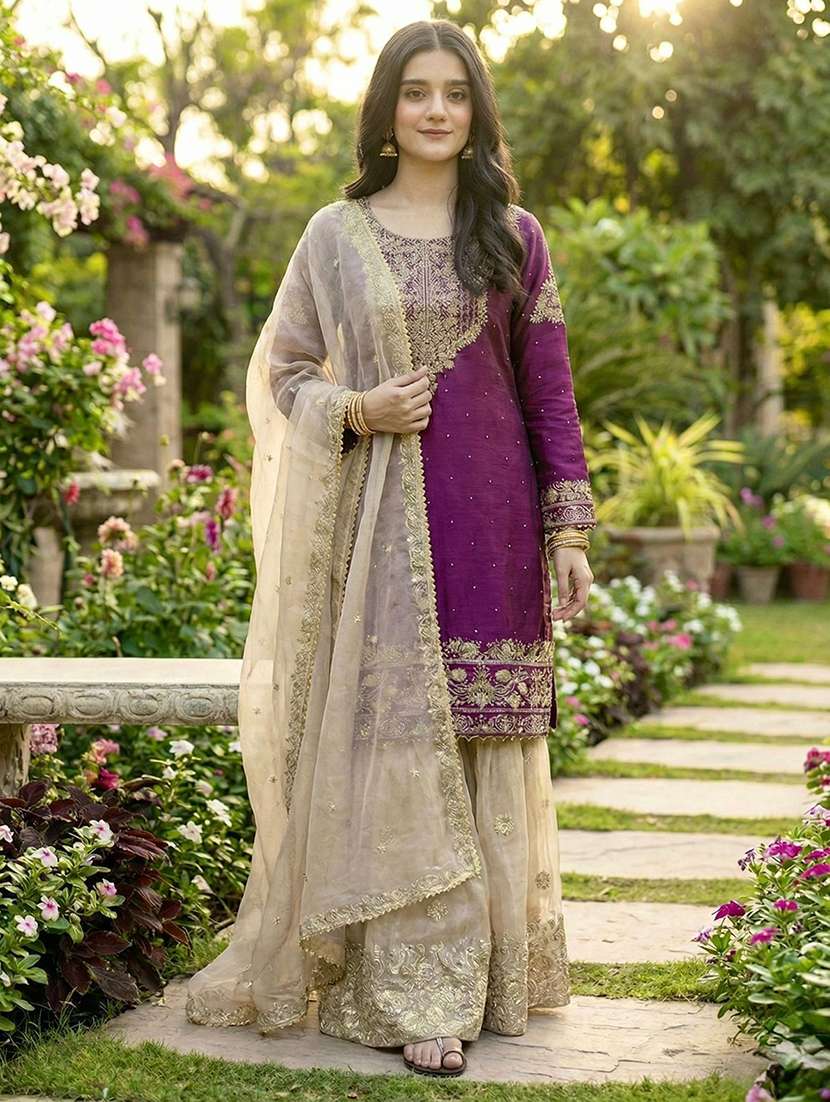 women embroidered long sleeves kurta sharara set with dupatta