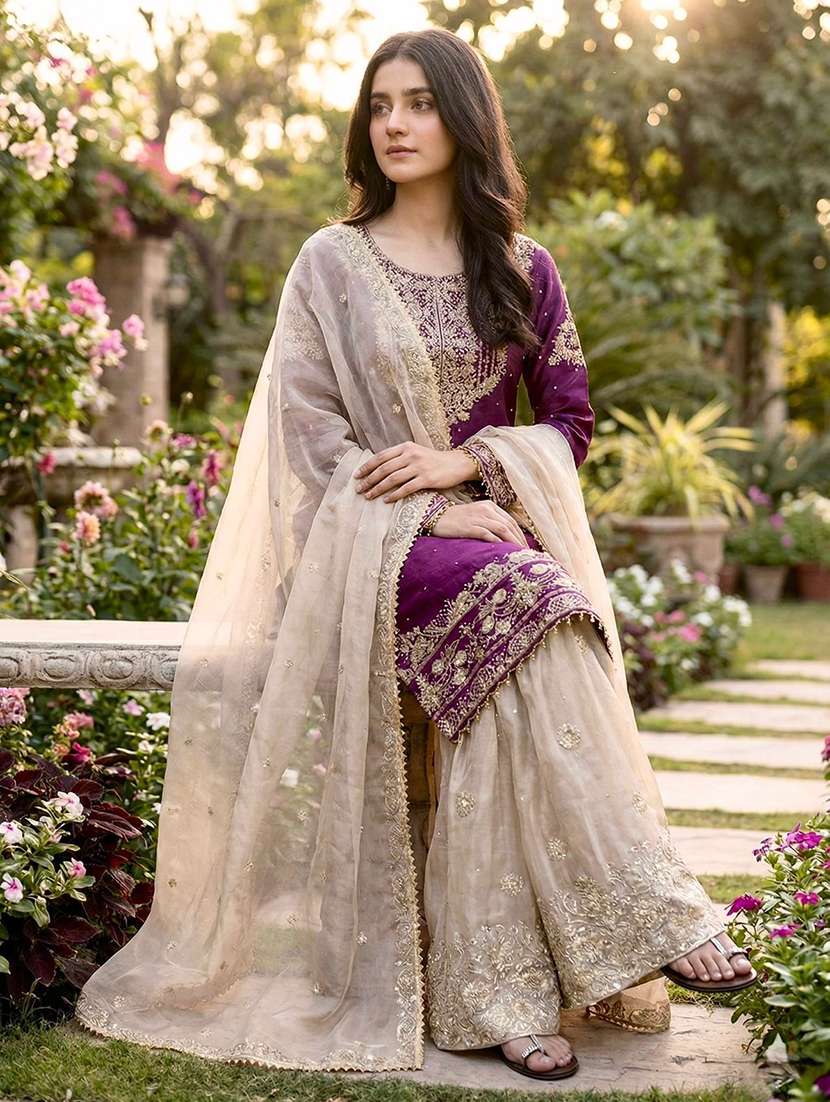 women embroidered long sleeves kurta sharara set with dupatta - 22580105 -  Standard Image - 2