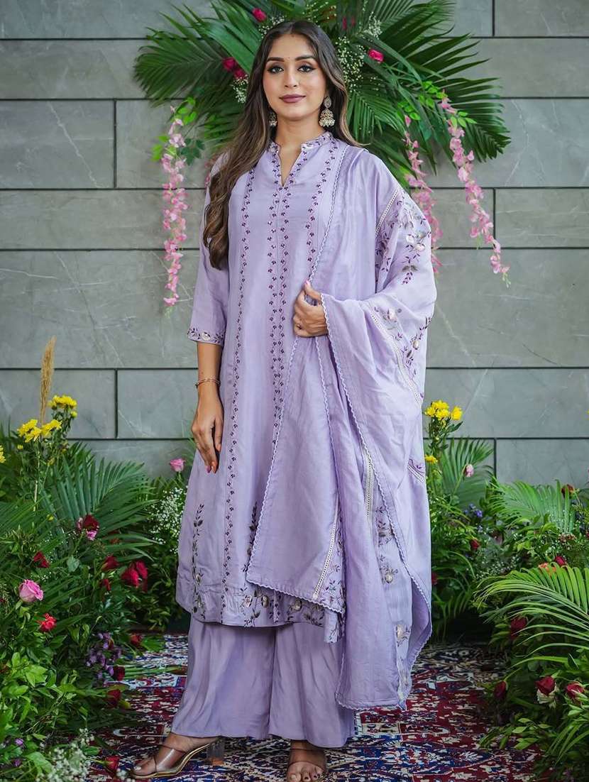 women embroidered three quarter sleeves kurta palazzo set with dupatta