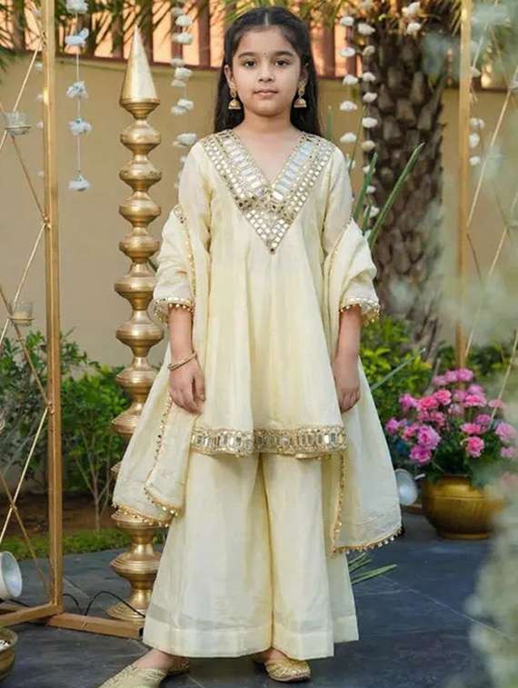 girls embroidered three quarter sleeves kurta sharara set with dupatta