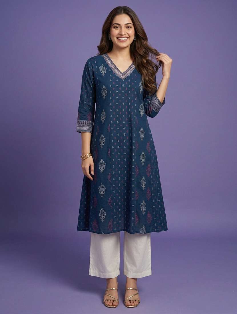 women printed three quarter sleeve a-line kurta