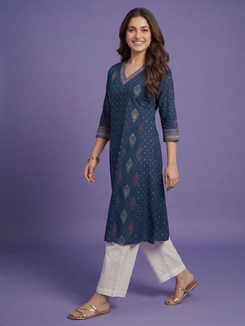 women printed three quarter sleeve a-line kurta - 22580169 -  Standard Image - 2