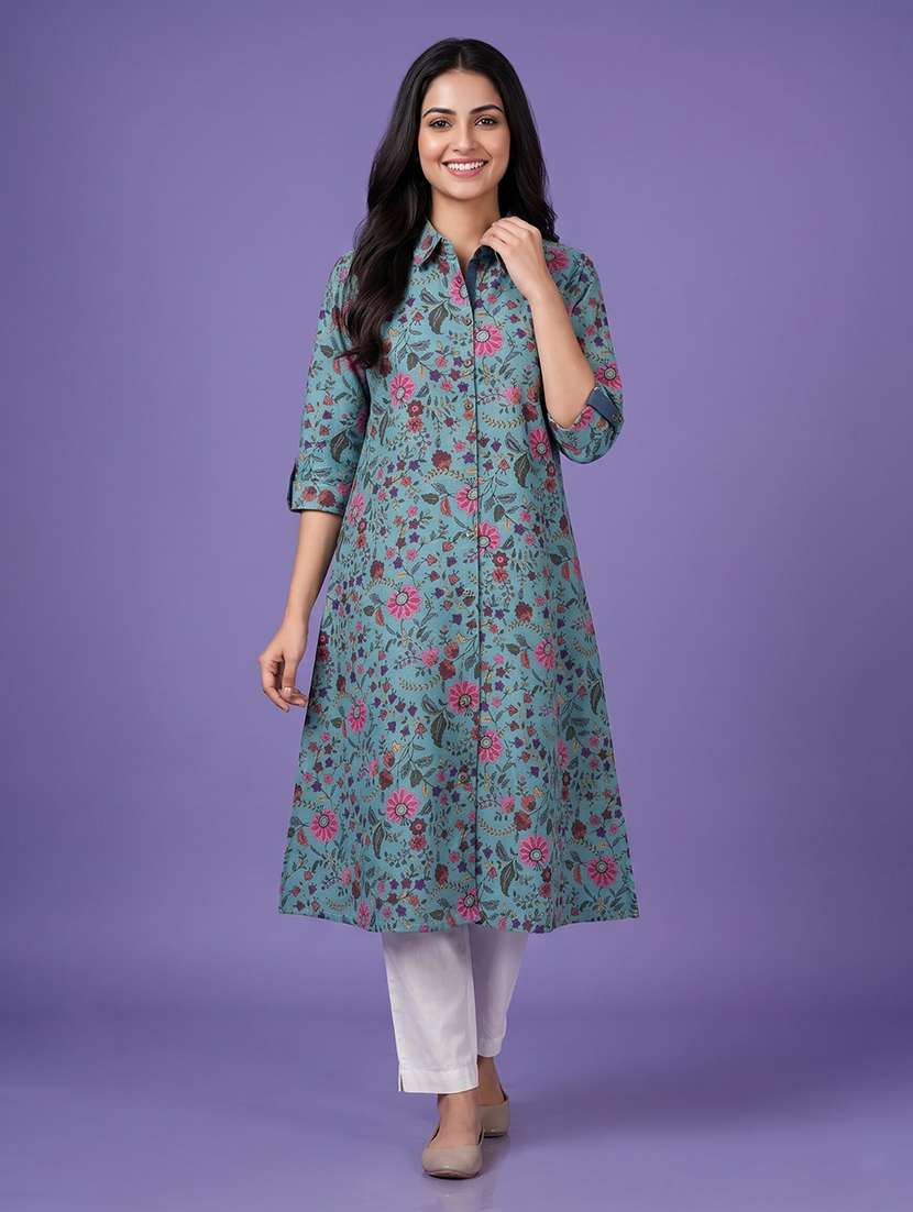 women printed three quarter sleeve a-line kurta - 22580173 -  Standard Image - 2