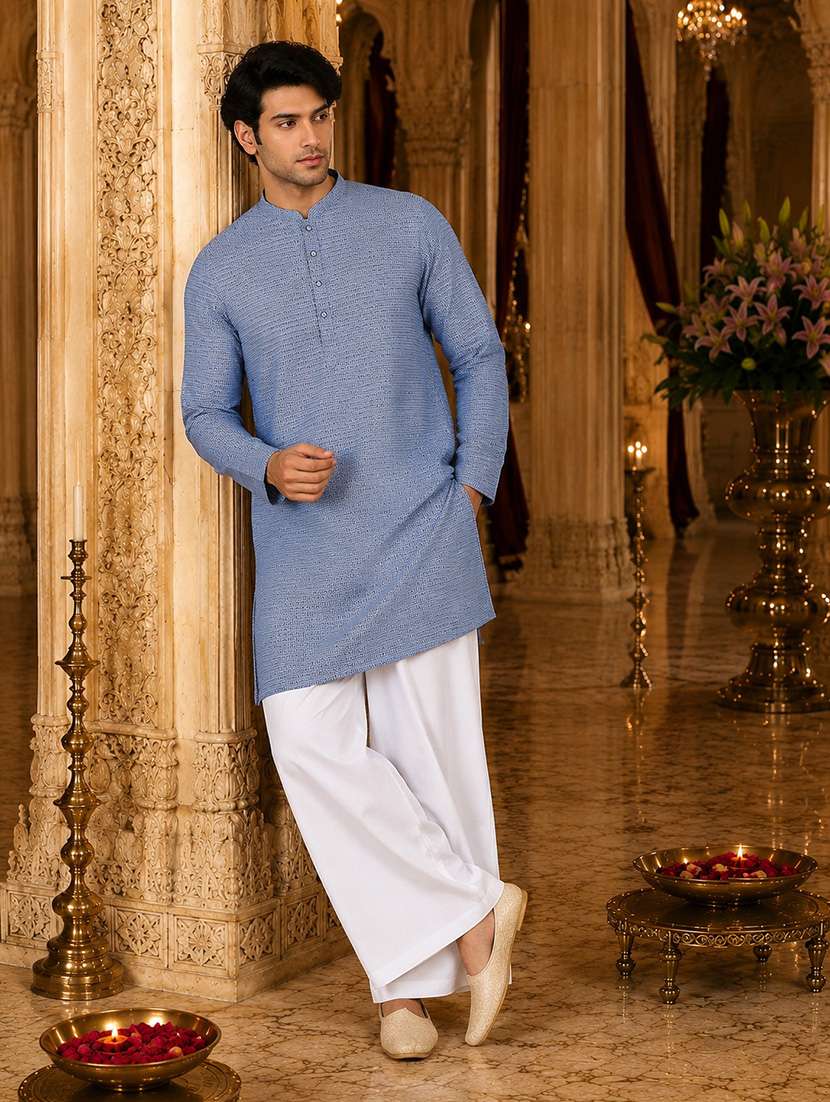 men self design mandarin neck kurta pyjama set