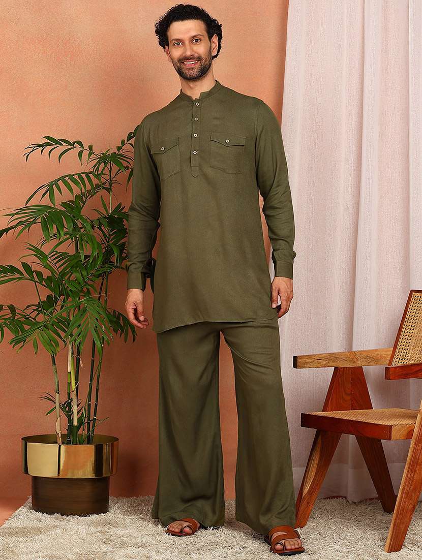 men solid mandarin neck kurta pyjama set - 22580372 -  Standard Image - 2