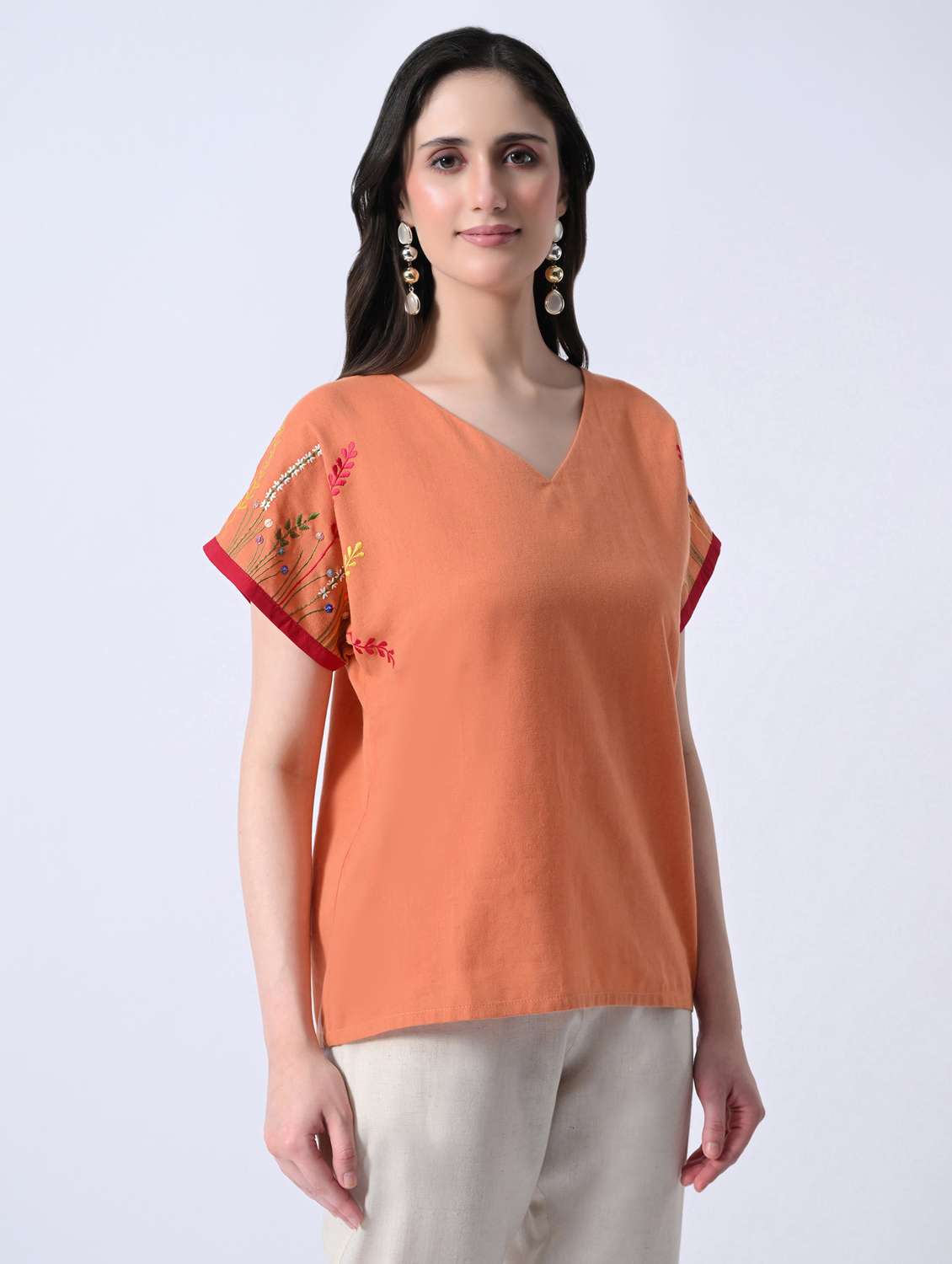 women embroidered v neck regular top - 22580445 -  Standard Image - 2
