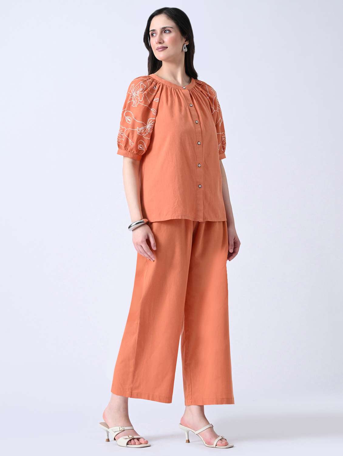 women embroidered puff sleeves top and trouser co-ord set - 22580459 -  Standard Image - 2