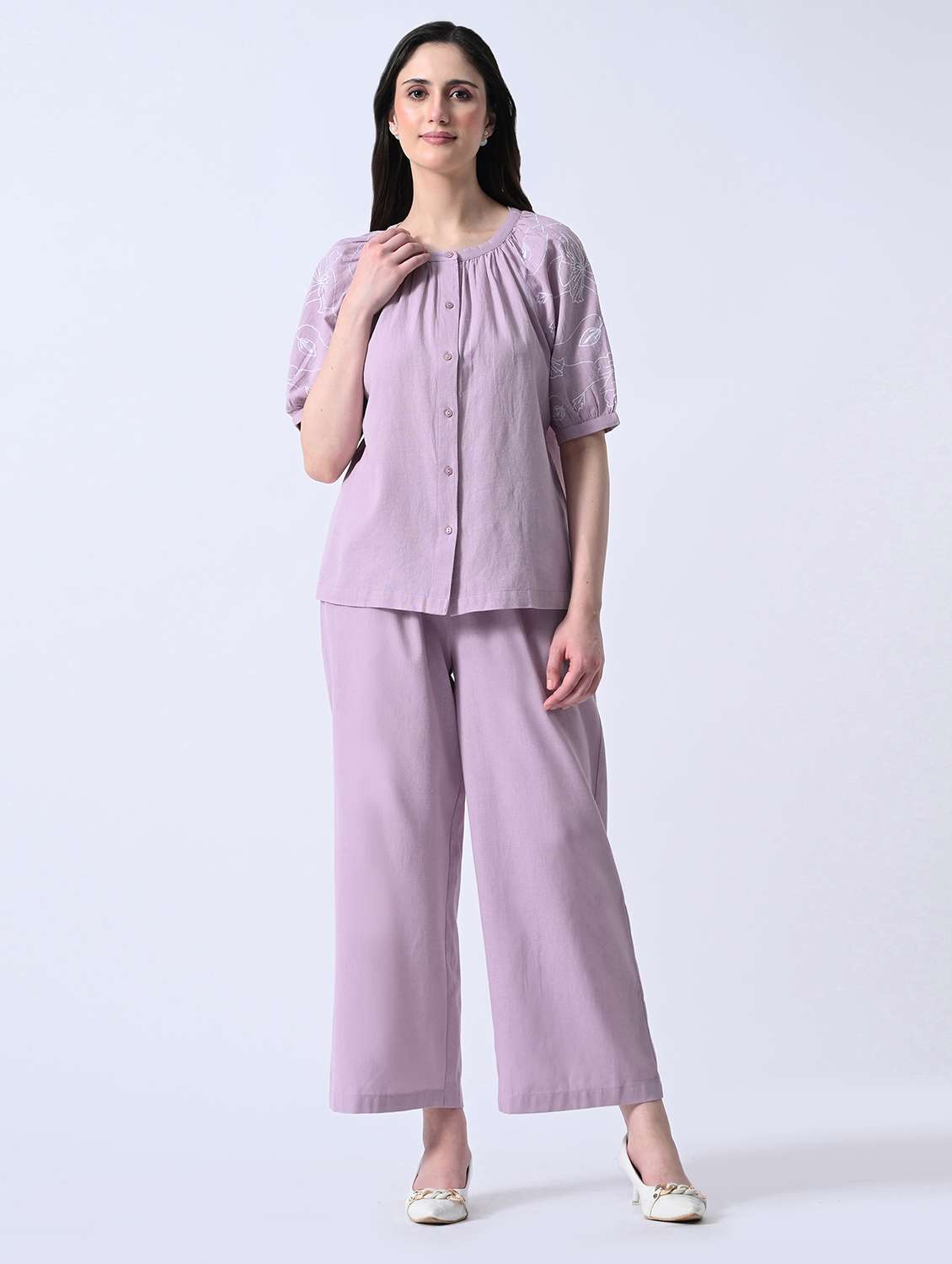 women embroidered short sleeves top and trouser co-ord set