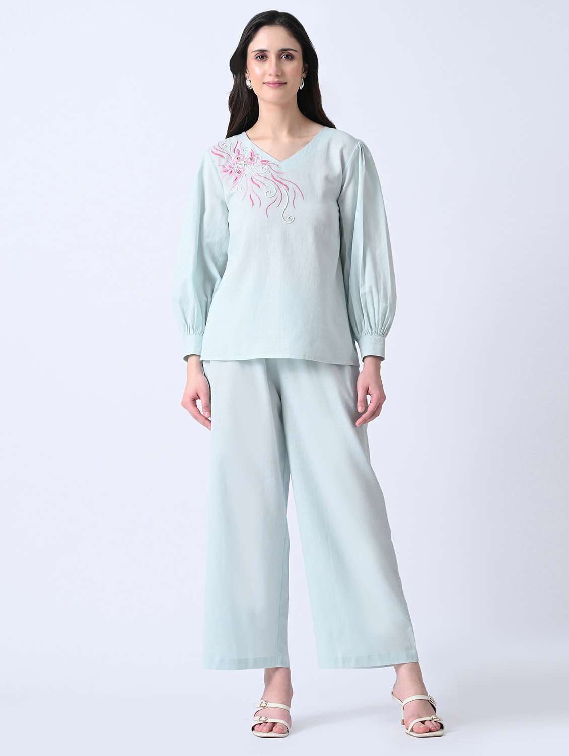 women embroidered long sleeves top and trouser co-ord set
