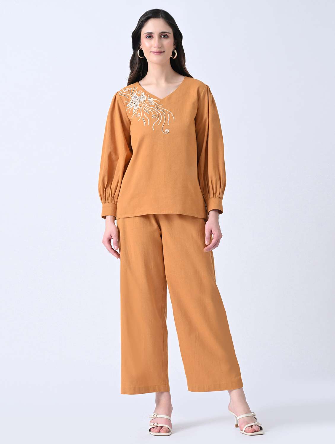 women embroidered long sleeves top and trouser co-ord set