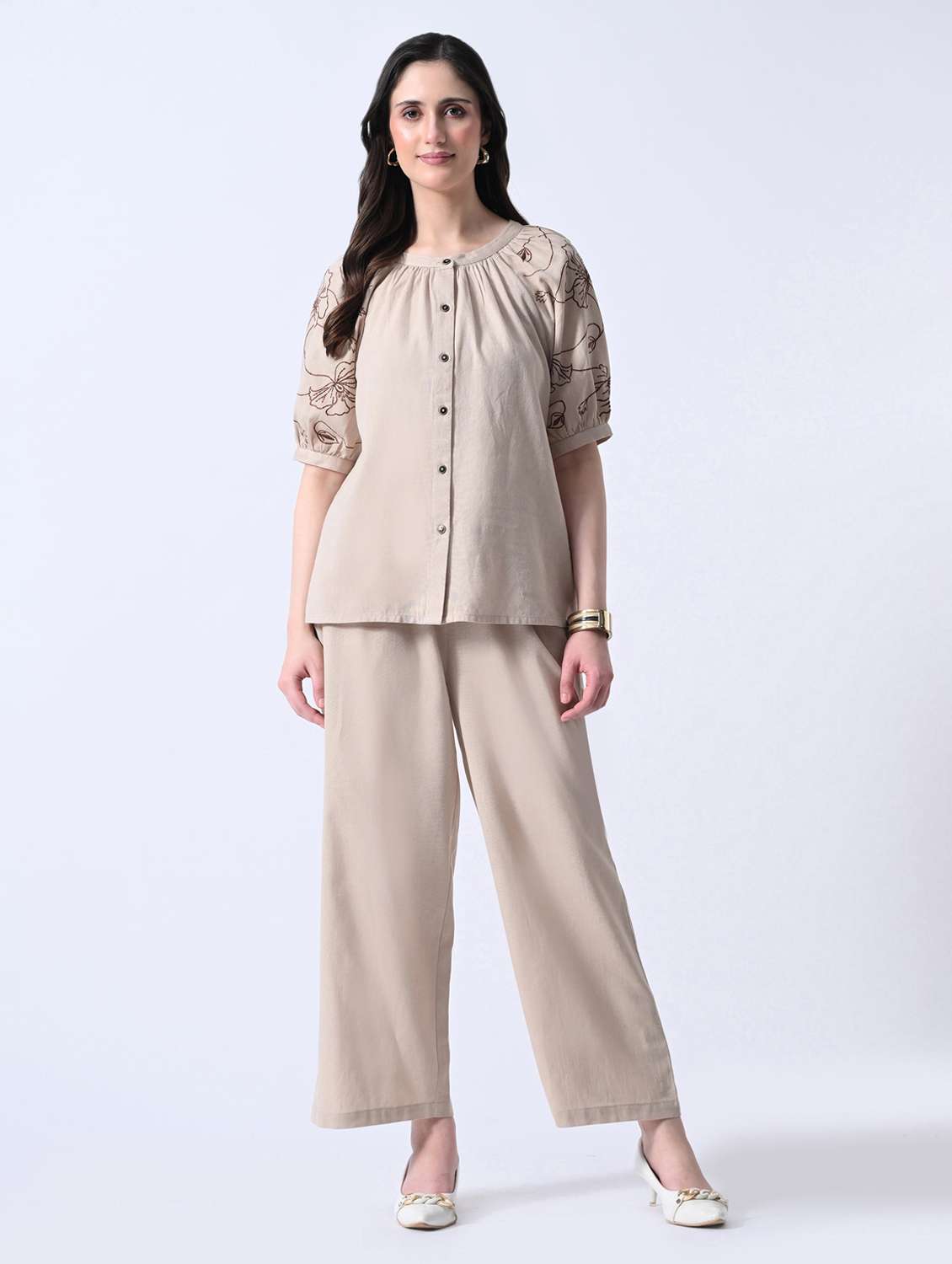 beige cotton top and palazzos set coord
