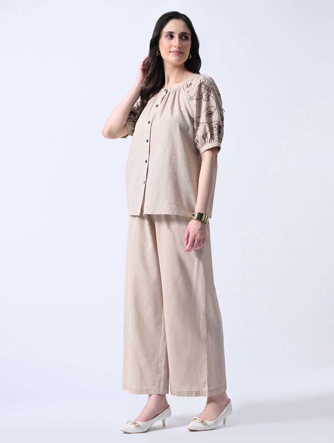 beige cotton top and palazzos set coord - 22580500 -  Standard Image - 2